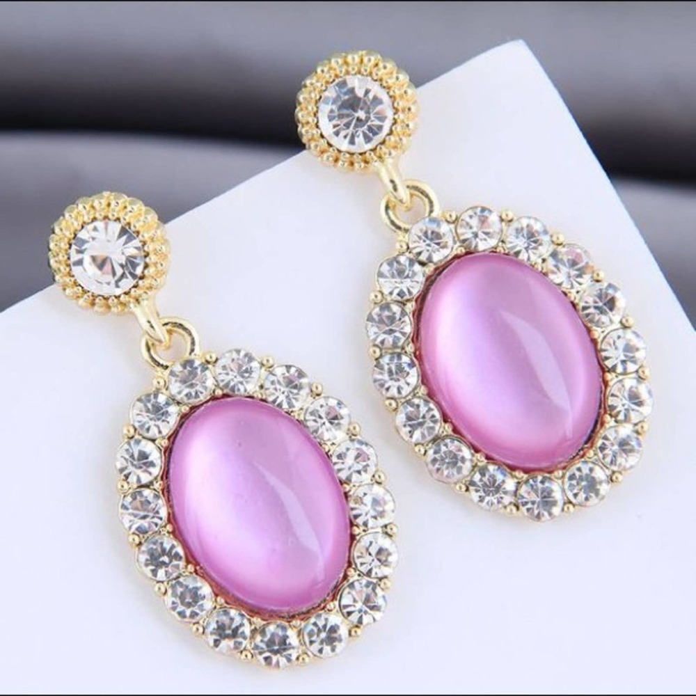 Regal Pink & Rhinestone Oval Drop Earrings